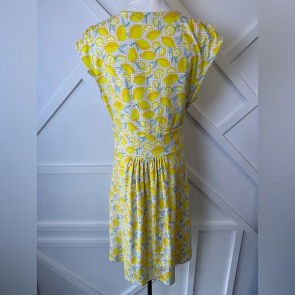 Lands’ End V-Neck Gathered Faux-Wrap Dress In Yellow Lemon Check Size Medium - Picture 5 of 9